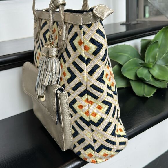 Spartina 449 genuine leather linen handbag tote shoulder purse, like new - Picture 7 of 11